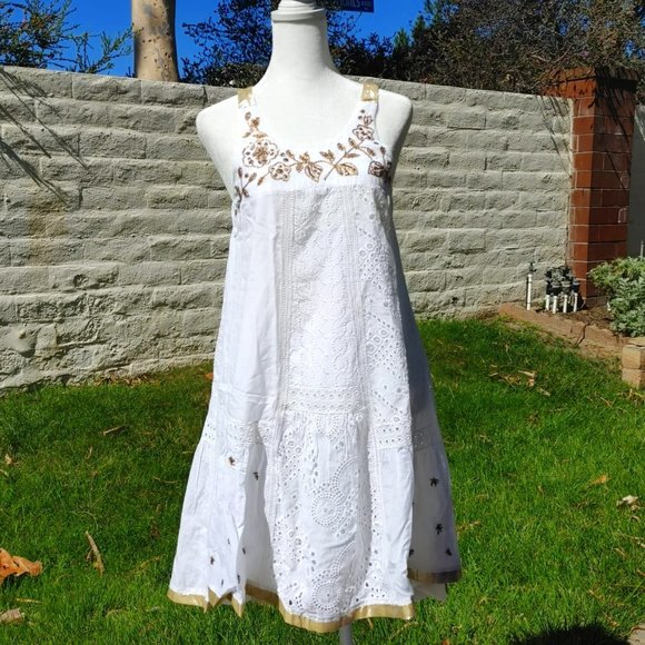 NWT Anthropologie Leifnotes Eyelet Embroidered Hand Beaded Assymetric Dress. 2 - Picture 4 of 11